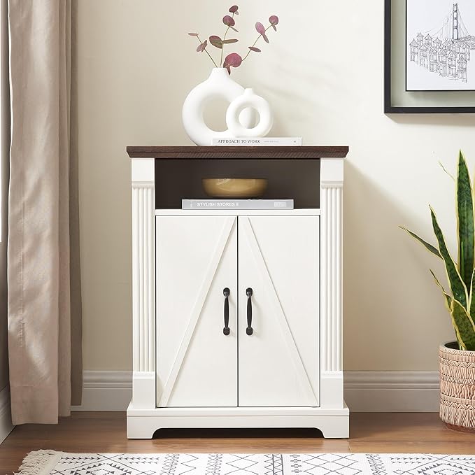 Farmhouse Bathroom Floor Cabinet, Freestanding Storage Cabinet with Double Doors and Adjustable Shelves, Wooden Small Storage for Living Room, Bathroom (Antique White)