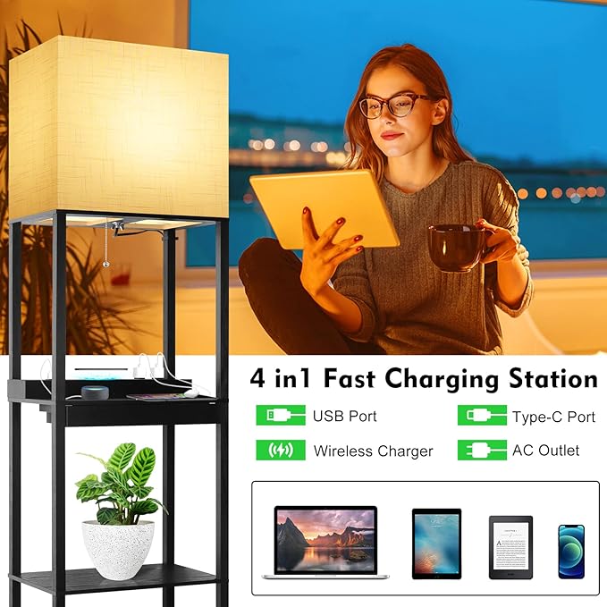 RUNTOP Plus Charging Station Floor Lamp with Wireless Charger, 2 USB-C Port, 2 Power Outlet, Floor Lamp with Shelves, 15W LED Bulb, 3 Colors, Memory Function, Standing Lamp for Living Room Bedroom