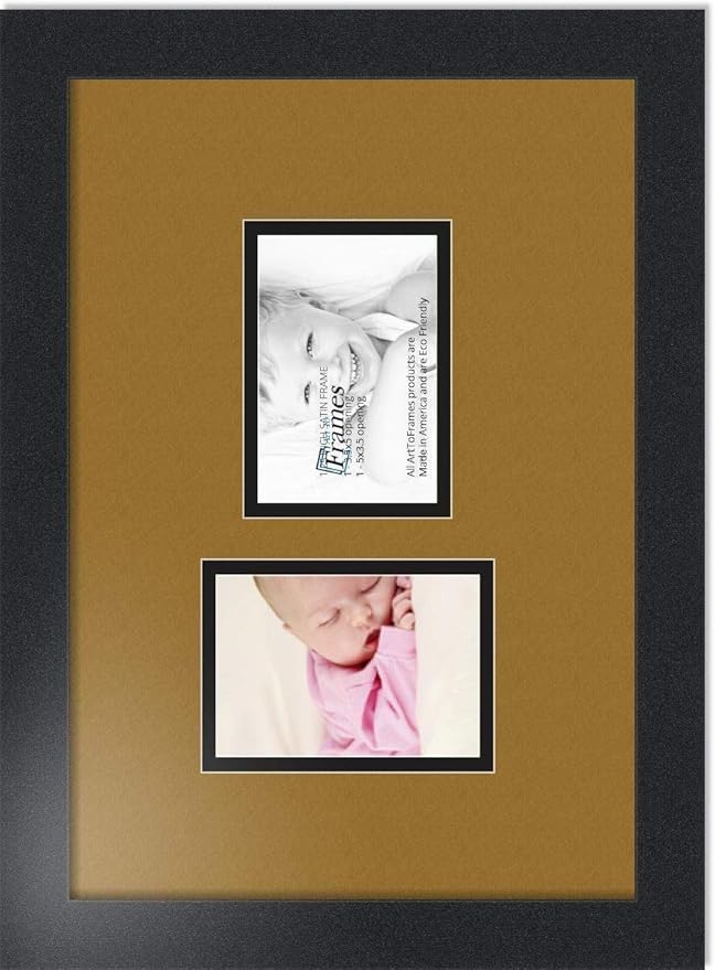 ArtToFrames Collage Photo Frame Double Mat with 2-3.5x5 Openings with Satin Black Frame and El Dorado mat.