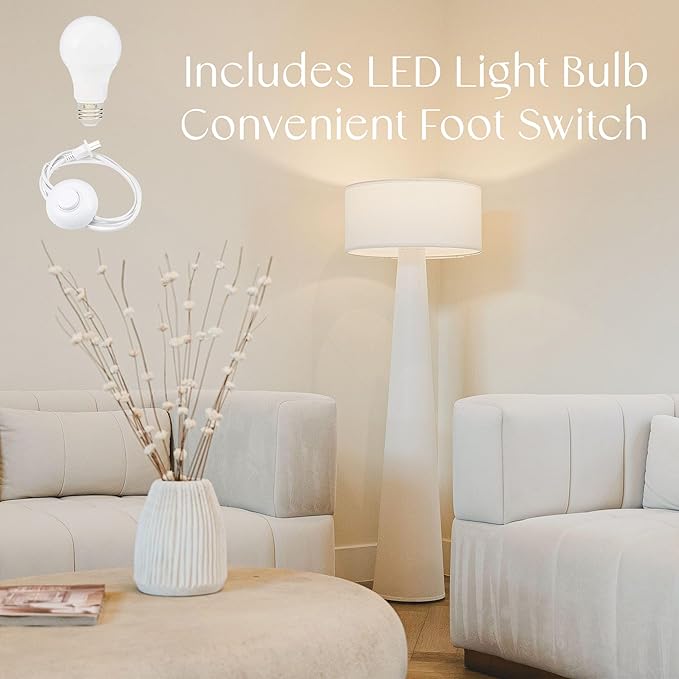 Floor Lamp - Branch and Wick – 59” Tall Standing Linen Lamp with Fabric Shade, LED Bulb Included – Elegant Corner Lamp for Living Room, Bedroom, Office - White
