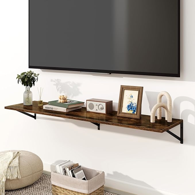 Fun Memories Floating Shelves for Wall, 12 Inch Deep Floating Shelves Set of 2, 55W x 12D Large Wall Shelf with Sturdy Metal Brackets for Living Room, Bathroom, Bedroom and Kitchen, Rustic Brown