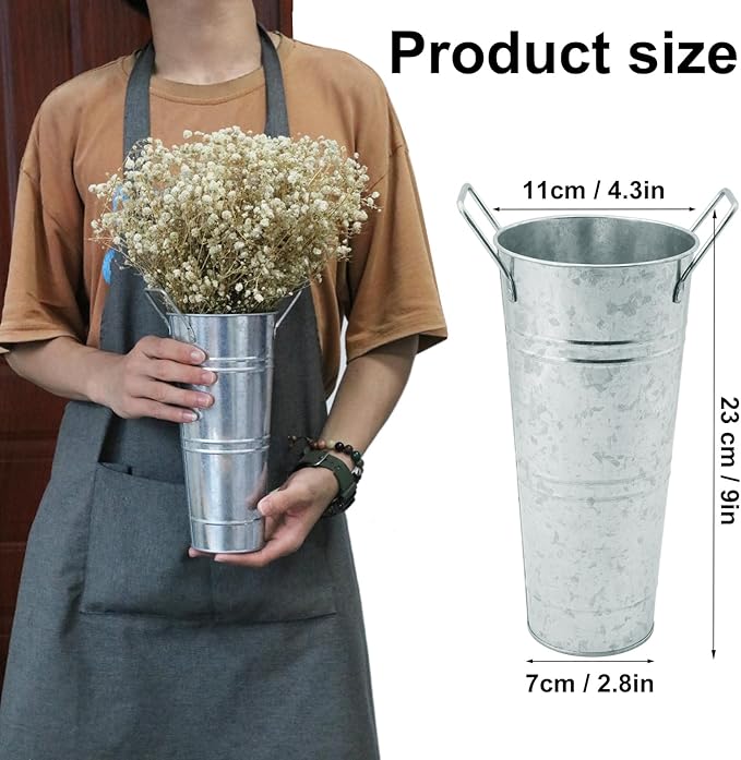 6 PCS 9 Inch Tall Galvanized Flower Bucket with Handles, Metal Vase for Cut Flowers, Country Wedding, Table Centerpiece Decorations,Vintage Style Flower Containers, by GENHAKON.