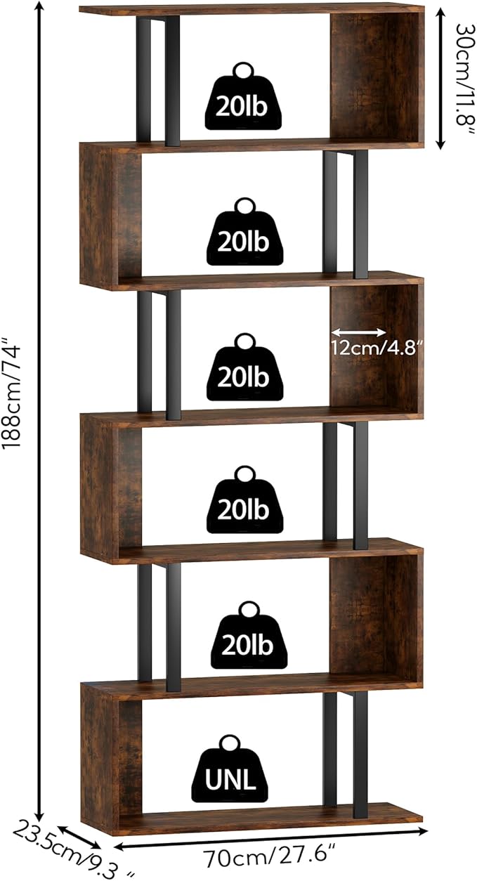 Yusong Geometric Bookcase, S Shaped Bookshelf 6-Tier Book Shelves for Bedroom, Modern Wood Decorative Display Shelf Tall Book Case for Home Office, Bown and Black