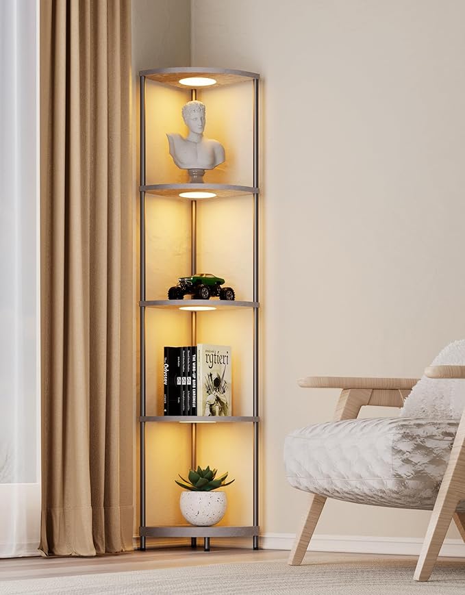 Corner Shelf with RGBCW LED Light, 64.5” Tall Floor Lamp Narrow Bookshelf Organizer, Standing Shelves with Metal Pole, Display Storage Rack for Wall Corner, Living Room, Bedroom, Office Décor, Grey