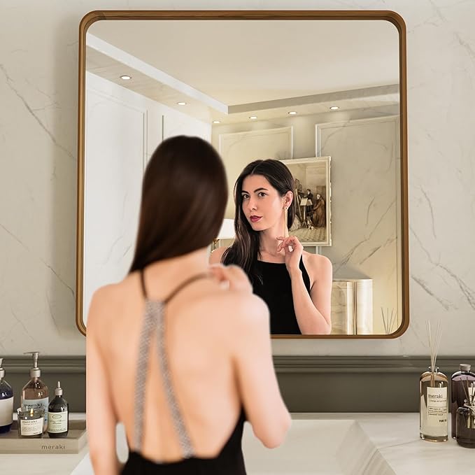 LOAAO 30X30 Bathroom Mirror with Wood Grain Colored Metal Frame, Rounded Rectangle Metal Framed Bathroom Mirror, Anti-Rust, Hangs Horizontally or Vertically