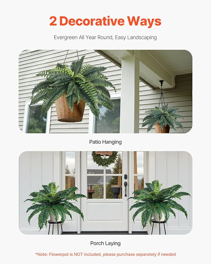 VEVOR Fake Ferns 2 Pcs, 34 Inch Artificial Boston Ferns Plants, Faux Fern with 30 Branches, Artificial Plants Large for Outdoors/Indoor Home, Office,Garden (Flowerpot Unincluded)