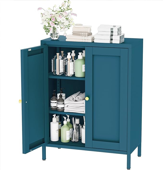 Metal Bathroom Storage Cabinet,Bathroom Floor Storage Cabinet with 2 Adjustable Shelves and 2 Doors,Freestanding Sideboard for Small Spaces, Living Room, Home Office, Dining Room