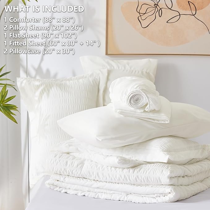 CozyLux Queen Comforter Set Ivory Seersucker 7 Pieces Bed in a Bag Queen Comforter Set with Sheets, Luxury Soft Bedding Set with Down Alternative Comforter, Sheets, Pillowcases & Shams for All Seasons