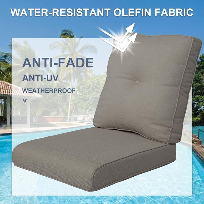 Patio Cushions for Outdoor Furniture - 22×24 Inches High Back and Deep Seating Outdoor Cushion for Patio Chairs Sofa Couch Loveseat Water Resistant(Grey/2 Set/Button)