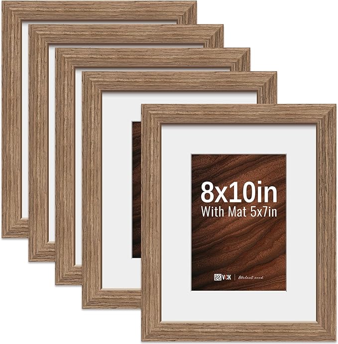 VCK 8x10 Picture Frame 5 Pack - Walnut, High-End Wood Poster Frames with Tempered Glass, Display 5x7 Photo with Mat or 8x10 without Mat, Art Gallery-Quality, Wall Hanging/Tabletop, Walnut