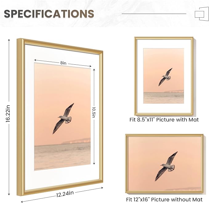 12x16 Picture Frame Gold, Aluminum Picture Frames 12"x16", 12x16 Picture Frame with Mat for 8.5x11, 12 by 16 Frame Real Glass, 12 x 16 Metal Frame for Home Decor