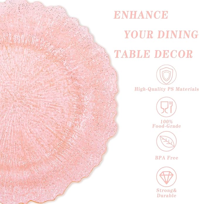 U-QE 60PCS Pink Plates for Party - Pink Plastic Plates Disposable&Reusable - Clear Pink Heavy Duty Plastic Plates for Party Including 30 Plastic Dinner Plates 10" & 30 Plastic Dessert Plates 7"