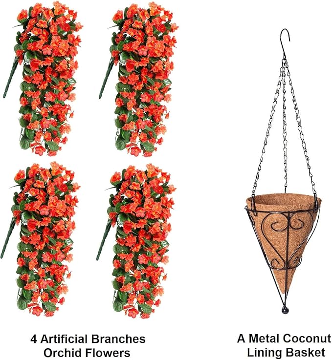 Artificial Fake Fall Hanging Flowers Plants Baskets for Outdoor Outside, Faux Silk Autumn Orange Orchid Trailing Vines in Planter Realistic UV Resistant for Balcony Porch Decor