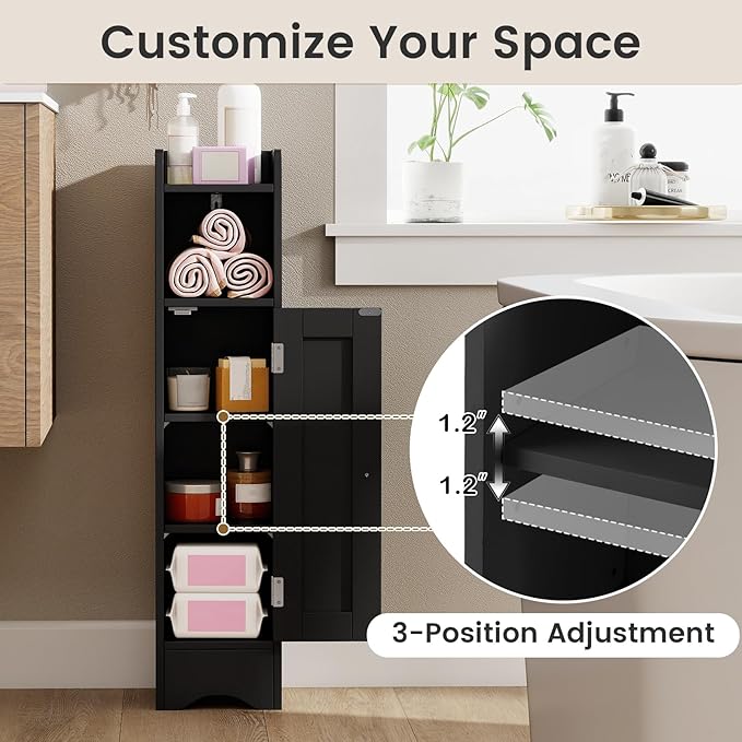 Tangkula Small Bathroom Storage Cabinet with Door, Toilet Paper Holder Stand with Adjustable Shelves & Open Compartment for Small Spaces, Narrow Freestanding Storage, 7 x 7.5 x 31.5 Inches (Black)