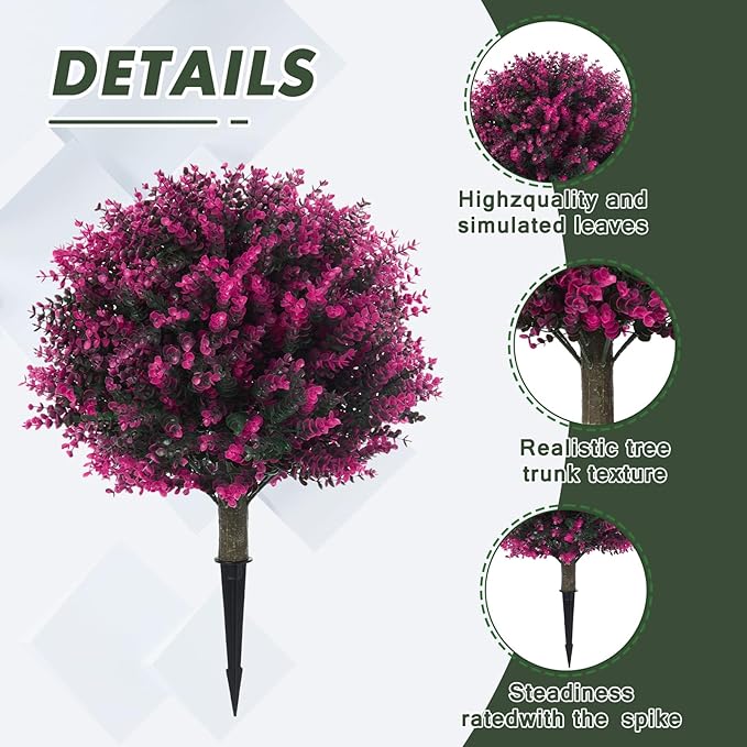 Set of 2 Artificial Boxwood Topiary Ball Bush for Outdoor with Ground Spike 21.6", UV Resistant Faux Greenery Shrubs, Fake Rose&Green Boxwood Plants for Garden, Yard, Porch, Patio Decor