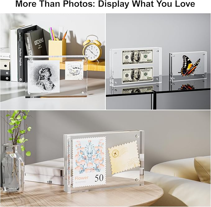 3 Pack 8x8 Acrylic Picture Frames - 20% Thicker Double Sided Magnetic Frame with UV Protection - Freestanding Clear Frameless Display for Tabletops - Modern Photo Frame Set for Home & Office Decor