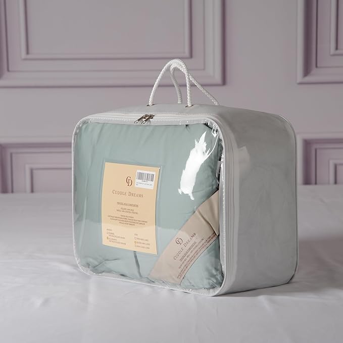 CUDDLE DREAMS Silk Filled Comforter for All Season, Detachable Tencel Duvet Cover for Easy Care, Naturally Breathable (Celadon, Twin)