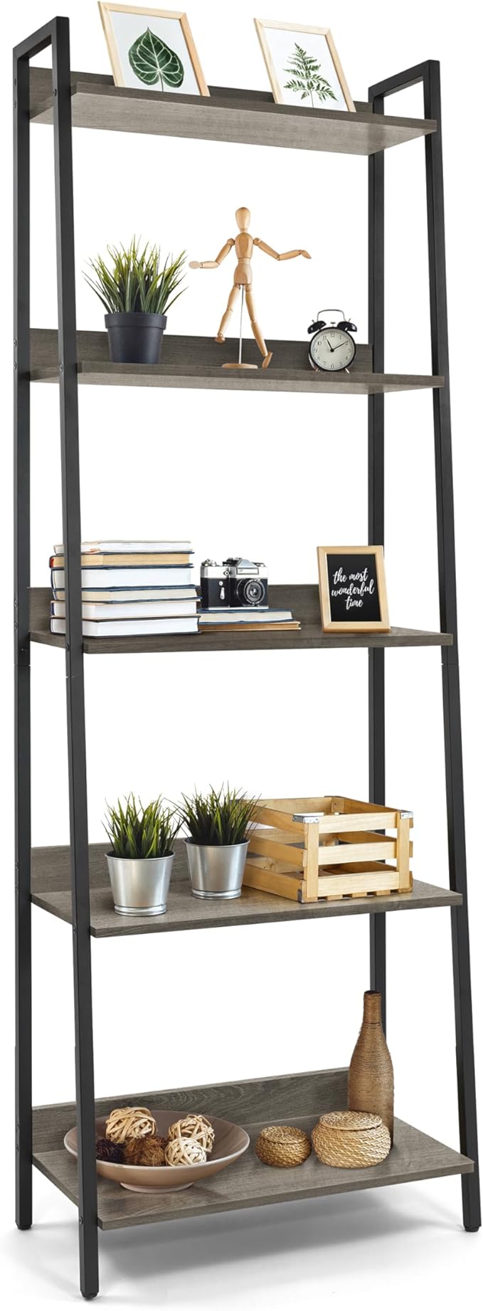 CAPHAUS 5 Tier Ladder Bookshelf, 24 Inch Width Free Standing Shelf, Bookcase Shelf Storage Rack Organizer, Industrial Book Shelves for Home Office, Living Room, Kitchen, Dark Grey, Vintage Shelves