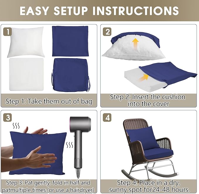 Outdoor Seat Cushion Set 19 x 19 In, Water-Resistant & Fade-Resistan, Patio Furniture Cushions with Removable Cover Deep Seat & Back Cushion with Handle and Adjustable Straps for Chair Sofa,4PC