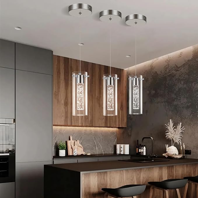 Modern LED Pendant Light, Hanging Crystal Ceiling Fixture Mini Bedroom Bedside Table Small Chandelier with Clear Glass Shade(3 Pack Brushed Nickel)