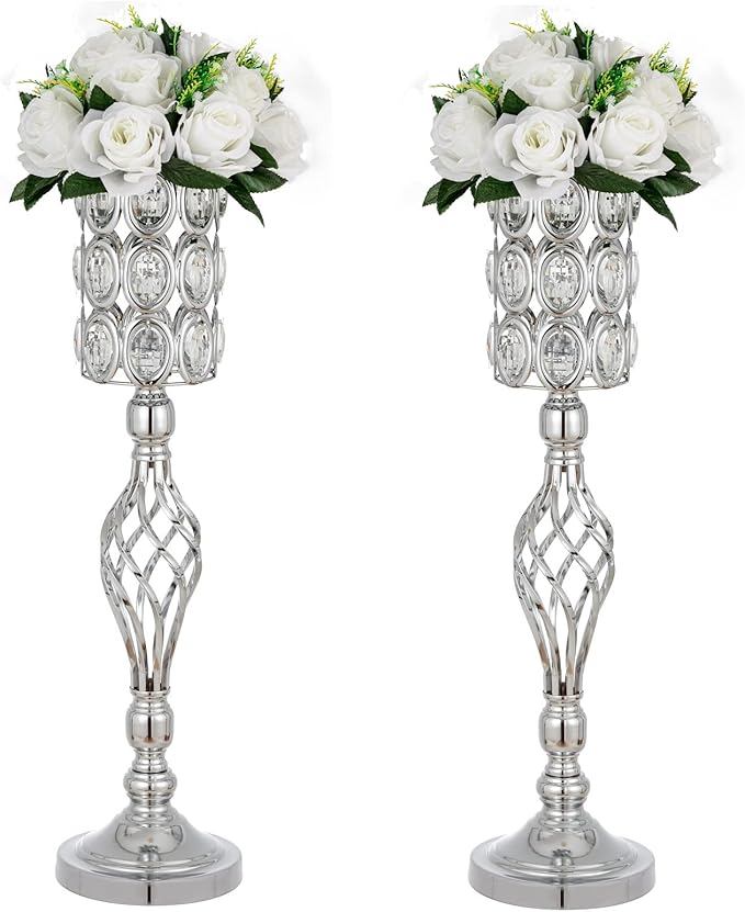 24in Wedding Centerpieces for Tables, 2pcs Silver Metal Diamond Crystal Wedding Flower Stand Centerpiece Vases for Table Decorations Reception Party Home Decor