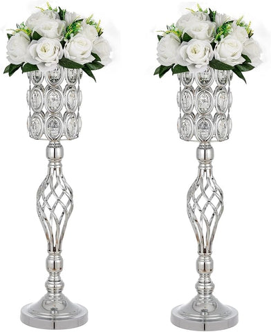 24in Wedding Centerpieces for Tables, 2pcs Silver Metal Diamond Crystal Wedding Flower Stand Centerpiece Vases for Table Decorations Reception Party Home Decor