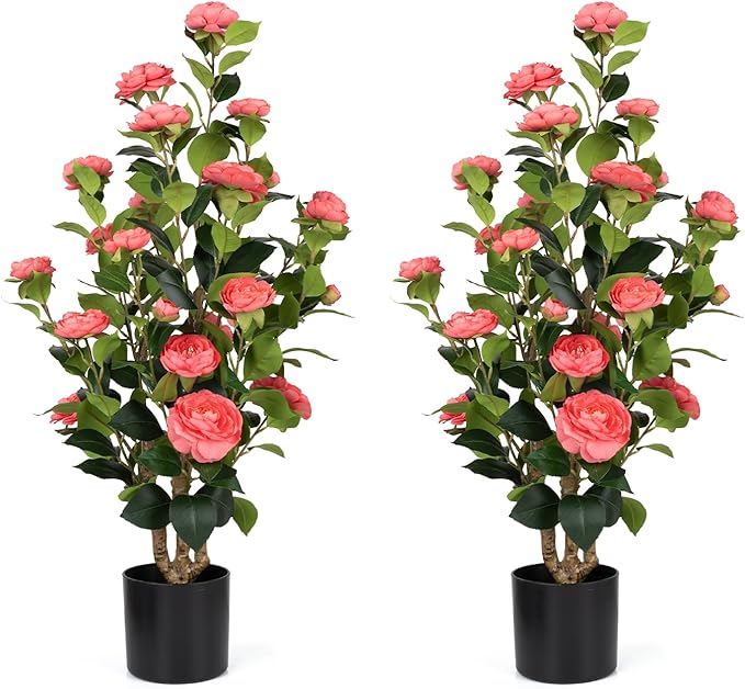 Romantic Season 2Pack Artificial Camellia Tree 3FT, Pink Faux Camellia Plant Fake Potted Camellia Flower Tree Plastic Camellia Tree for Modern Home Office Living Room Floor Décor Indoor