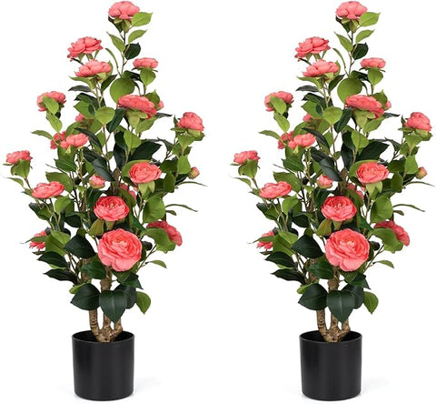 Romantic Season 2Pack Artificial Camellia Tree 3FT, Pink Faux Camellia Plant Fake Potted Camellia Flower Tree Plastic Camellia Tree for Modern Home Office Living Room Floor Décor Indoor