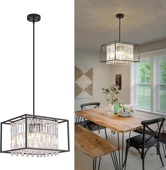 Modern 4-Light Dining Room Chandelier,Farmhouse Black Metal Chandelier,Crystal Square Industrial Pendant Light Fixture for Kitchen Island Living Room Foyer Hallway Entryway 15.75"