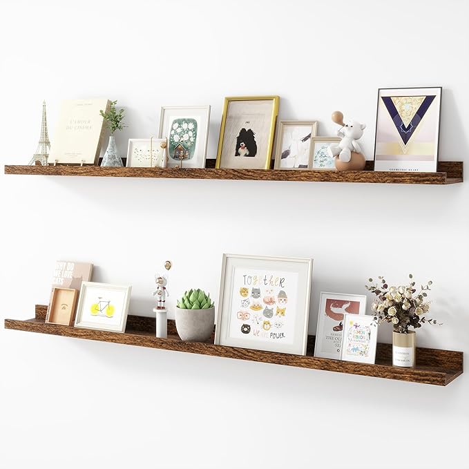 Picture Ledge Shelf, Wood Long Floating Shelves for Wall, Set of 2, 48 inch Picture Ledge Shelves, Photo Ledge Nursery Book Shelves Wall Mounted for Living Room Kids' Room Bedroom, Color Brown