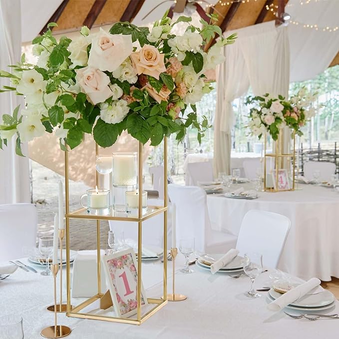 2-Tier Metal Flower Stand Set with Acrylic Shelves, Geometric Display Rack for Wedding Centerpieces, Party Decor, Tall Floor Vase Stand (Gold, 2 Pcs-25)