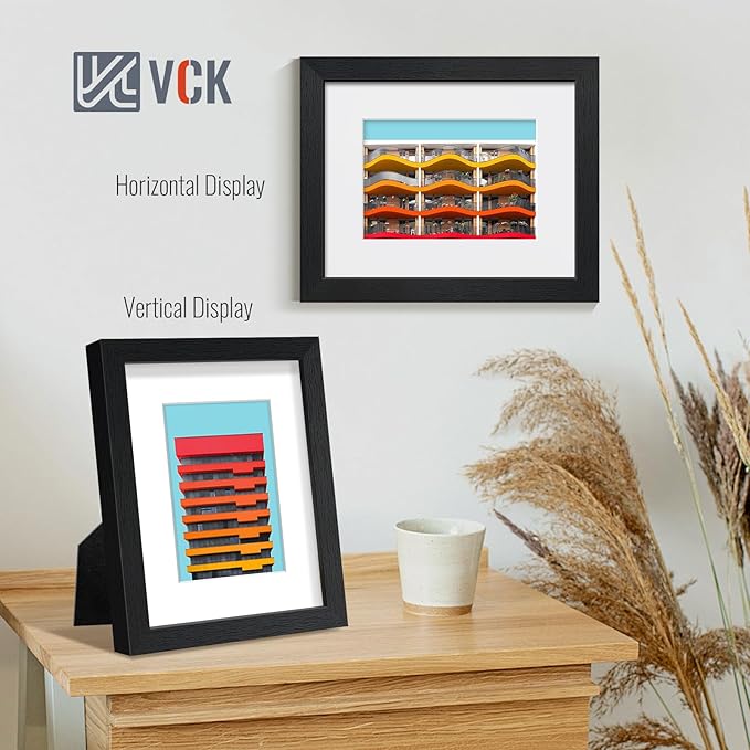 VCK Picture Frame 8×10 Inch Display Picture 5x7 with Mat or 8×10 without Mat Set of 2 Photo Frame with High Definition Real Glass Front Display Tabletop and Wall Mounting Black