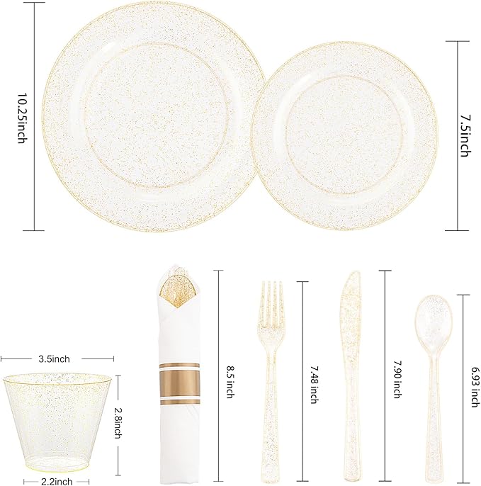 DaYammi 210PCS Gold Glitter Plastic Dinnerware Set for 30 Guests, Fancy Disposable Plates for Party, Include: 30 Dinner Plates, 30 Dessert Plates, 30 Pre Rolled Napkins with Gold Silverware, 30 Cups
