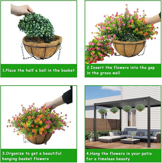 Artificial Hanging Flowers Basket, 12 UV-Resistant Bundles of Realistic Fake Flowers, Faux Plants for Outdoor Decor, Home, Garden, Porch, Patio, Spring & Summer Decorations, Orange Pink Red