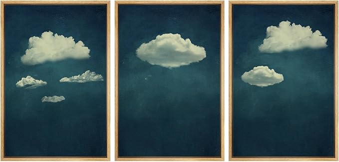 SIGNWIN 3 Piece Framed Canvas Wall Art A Series of White Clouds in The Blue Sky Nature Wilderness Illustrations Abstract Traditional Home Artwork for Living Room,Bedroom - 16"x24"x3 Natural