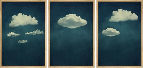 SIGNWIN 3 Piece Framed Canvas Wall Art A Series of White Clouds in The Blue Sky Nature Wilderness Illustrations Abstract Traditional Home Artwork for Living Room,Bedroom - 16"x24"x3 Natural