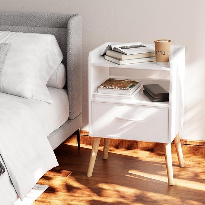 Narrow Nightstand with Open Shelf,Small Night Stand Bedroom Bedside Tables with Fabric Drawer Storage,Side Table End Table with Solid Wood Feet,Mid Century Night Stands for Home Sofa Couch(White)