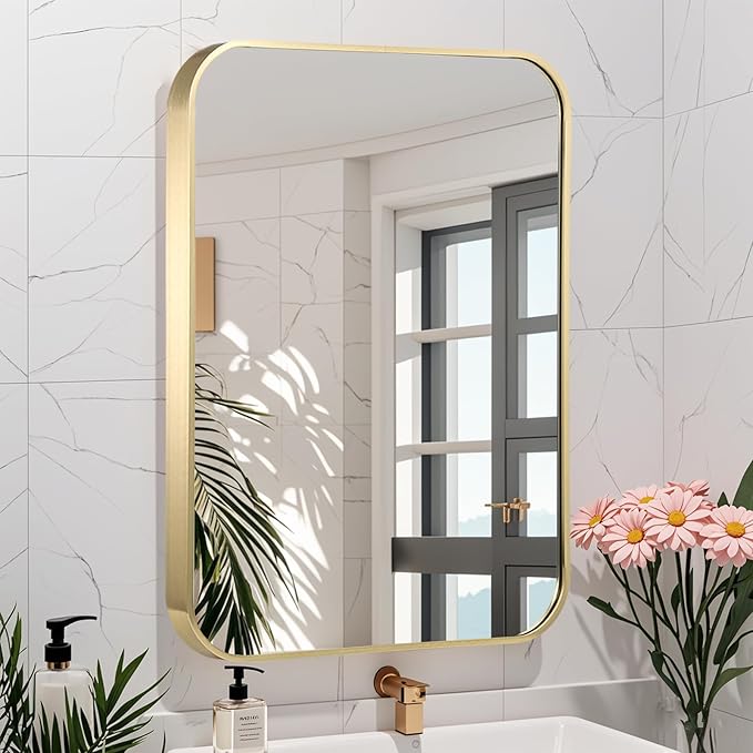 24x36 Inch Gold Bathroom Mirror, Brushed Brass Gold Metal Framed Rectangular Mirror with Rounded Corner, Wall Mounted Vanity Mirror for Bedroom or Living Room, Horizontal/Vertical