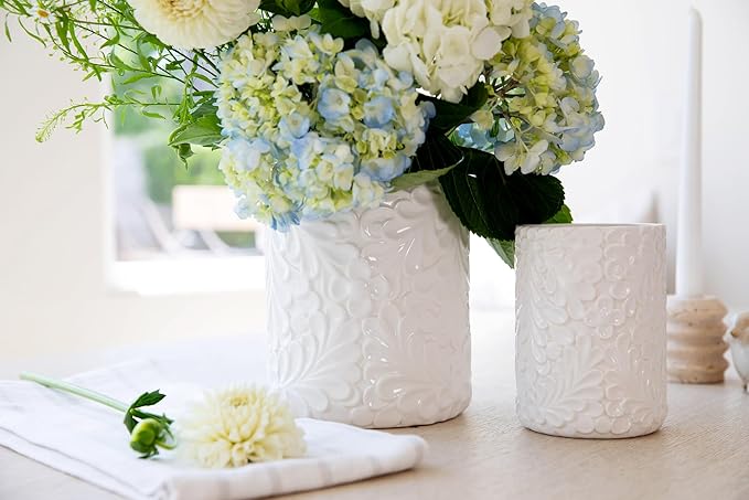Large 7.3"+5.4" Engraved Ceramic Utensil Holder for Countertop, Cooking Utensils Organizer for Spatula, Large Utensils Crock for Kitchen Counter, Kitchen Decor, set of 2, White