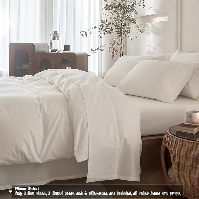 6PS Linen Like Bedding Sheet Sets Off White King Size Cotton Bedding Set Oeko-TEX Standard 100% Washed Cotton Deep Pocket King Size Fitted Sheet Plus Cozy Flat Sheet and 4 Pillowcases
