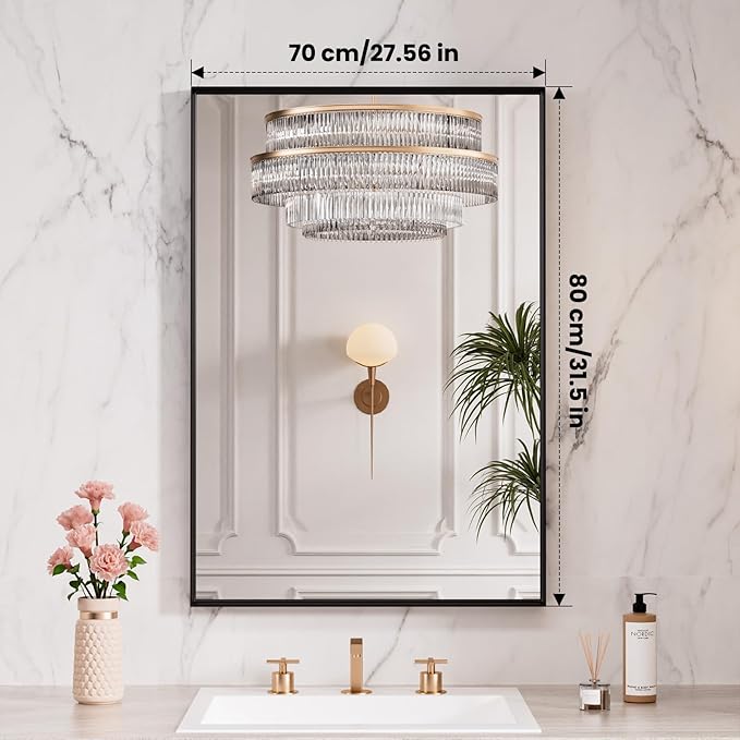 LOAAO Black Bathroom Mirror 28"X32" for Wall, Rectangle Bathroom Vanity Mirror, Hangs Vertically or Horizontally, Easy to Install, Modern Design