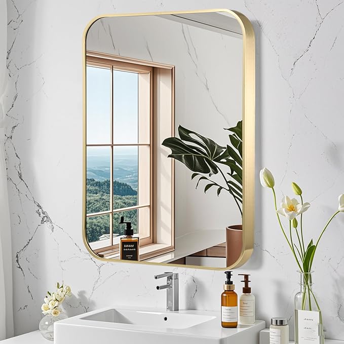 FARMER 30x36 Inch Gold Bathroom Mirrors for Wall, Brushed Brass Bathroom Vanity Mirror with Rounded Edge, Metal Framed Rectangle Mirrors for Bathroom or Living Rooms, Hangs Horizontally or Vertically