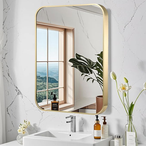 FARMER 30x36 Inch Gold Bathroom Mirrors for Wall, Brushed Brass Bathroom Vanity Mirror with Rounded Edge, Metal Framed Rectangle Mirrors for Bathroom or Living Rooms, Hangs Horizontally or Vertically