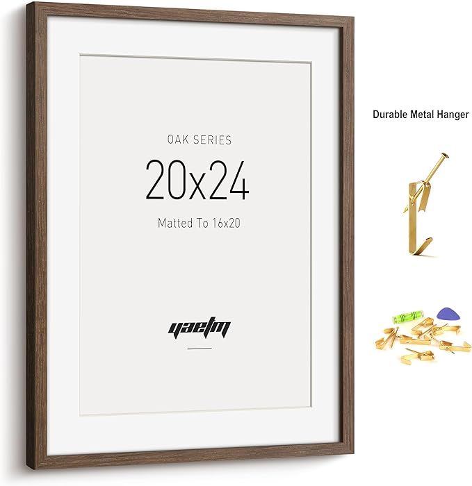 Yaetm 20x24 Picture Frame Matted to 16x20 - Brown Walnut, Solid Wood 20x24 Frame for Poster & Art Print, Lightweight, Horizontal and Vertical Wall Hanging for Photo Gallery (2 Pack, Walnut)