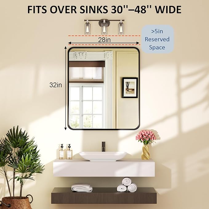 28×32 Black Frame Mirror for Over Sink - Rectangular Decorative Bathroom Mirrors with Rounded Corners & Aluminium Frame, Tempered-Glass, Restroom, Entryway, Wall, Vanity