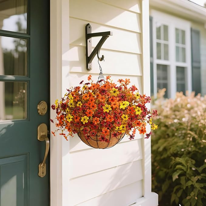 Artificial Flowers Fall Hanging Basket Plants for Outdoor Decorations, Fake Mums Faux Silk Flower UV Resistant Autumn Decor for Outside Garden Patio Front Porch Balcony Window (Orange Brown Yellow)
