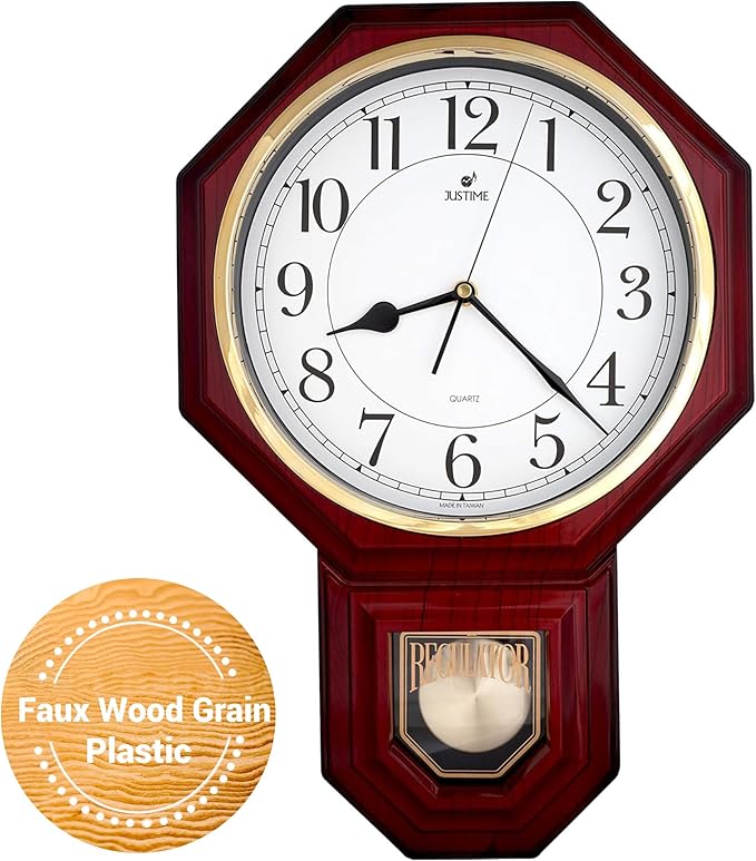 JUSTIME Traditional Schoolhouse Easy to Read Regulator Wall Clock, Chiming Wall Clocks with Pendulum & Westminster Chime Hourly, Schoolhouse Wall Decor Battery Operated (Red Mahogany)