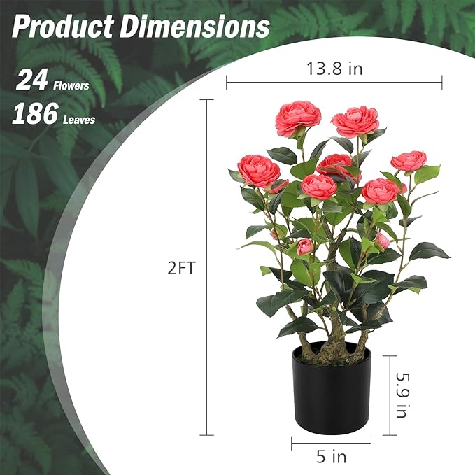 Romantic Season 2FT Pink Artificial Camellia Tree 2Pack, Faux Camellia Plant Fake Potted Camellia Flower Tree for Modern Home Office Living Room Floor Décor