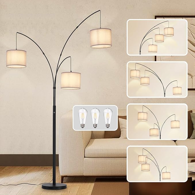 DLLT Modern Floor Lamp for Room: 3-Light Black Tree Dimmable Floor Lamps with Gray Shades for Living Room - Arc Standing Lamp for Bedroom - Tall Floor Lamp for Office Corner 3 LED Bulbs Included