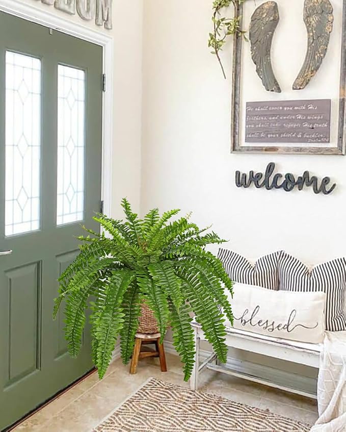 Artificial Fern Plants in Pot 34.6" Large Artificial Boston Fern 39 Leaves for Outdoors & Indoor Faux Potted Plant Fake Ferns Bush Plant for Patio Garden Farmhouse Porch Home Decor Green
